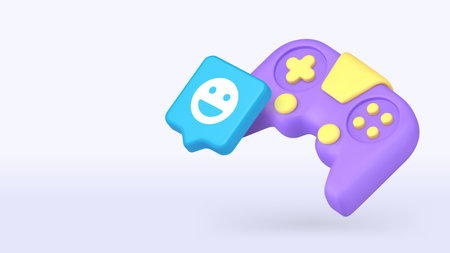 Vibrant gamepad with emoticon and yellow buttons reflects fun, gaming experience, and digital interaction for entertainment apps. 3d realistic icon copy space banner vector illustrationのイラスト素材