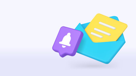 Open envelope with purple alert mark symbolizes new message, email communication, notification, and digital update signal. 3d realistic icon copy space banner vector illustrationのイラスト素材