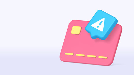 Pink plastic credit card with yellow magnetic stripe and chip featuring a caution sign symbolizes financial warning, risk alert, or transaction issue. 3d realistic icon copy space banner vector illustrationのイラスト素材