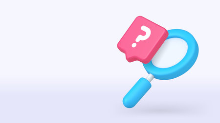 Pink question mark with a blue magnifying glass represents curiosity, learning, and research in...