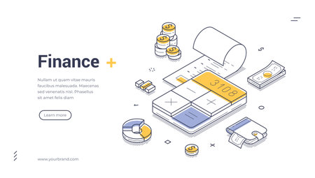 Finance banking accounting calculating isometric web banner design template line vector illustration. Financial money accountant commercial business planning budget balance analyzing controlのイラスト素材