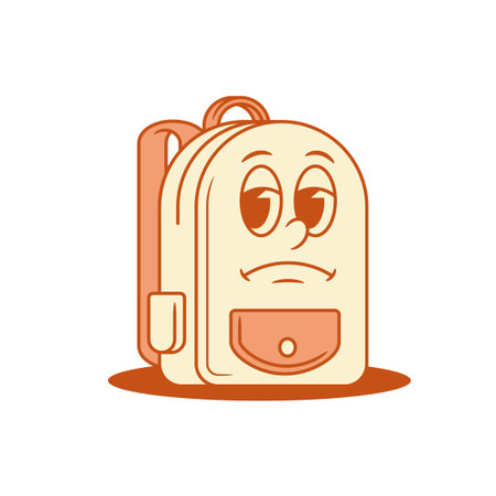 Upset sad tired schoolbag back to school cartoon character isometric vector illustration. Unhappy sadness tiredness backpack bag pupil education learning minimalist mascot no powers negative emotionのイラスト素材