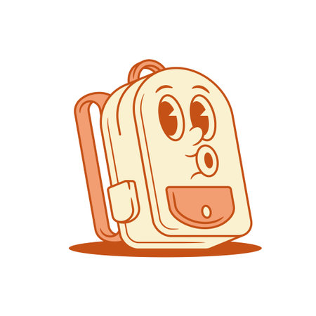 Funky comic schoolbag back to school cartoon character whistling isometric vector illustration. Adorable friendly cute backpack bag student studying minimalist mascot having fun with positive emotionのイラスト素材