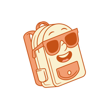 Stylish schoolbag back to school cartoon character in sunglasses isometric vector illustration. Happy smiling backpack bag pupil education minimalist mascot in summer eyeglasses positive emotionのイラスト素材