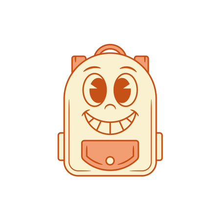 Comic teeth smile schoolbag back to school cartoon character vector flat illustration. Happy cute cheerful backpack bag pupil student education studying minimalist mascot laughing positive personageのイラスト素材