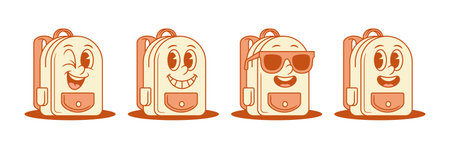 Funny schoolbag back to school cartoon character smiling set isometric vector illustration. Happy smiling backpack bag student studying college education minimalist mascot in sunglassesのイラスト素材
