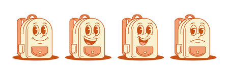 Comic schoolbag back to school cartoon character smile tired set isometric vector illustration. Happy funky sad backpack bag student student studying monochrome mascot cute personageのイラスト素材