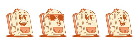Funny positive schoolbag back to school cartoon character set isometric vector illustration. Happy smiling backpack bag student studying minimalist mascot happy winked smile in sunglassesのイラスト素材