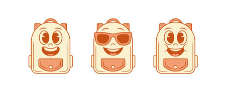 Positive cute schoolbag back to school cartoon character set vector flat illustration. Happy funny comic backpack bag student learning education minimalist monochrome mascot smiling in sunglassesのイラスト素材