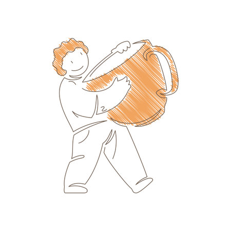 Minimalist line art of a cheerful man walking while holding an oversized coffee mug. Simple flowing lines and orange accents create an energetic, caffeine energy, and cozy beverage enjoymentのイラスト素材