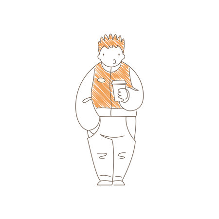Minimalist line art of a contemplative man holding a coffee cup with one hand in pocket. Thin lines and light orange accents create a calm mood of casual relaxation and coffee break simplicityのイラスト素材