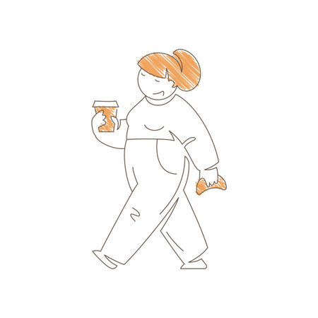 Minimalist line art of a woman walking while holding a coffee cup and croissant. Relaxed movement and simple contours convey urban cafe culture, breakfast enjoyment Line art vector illustrationのイラスト素材