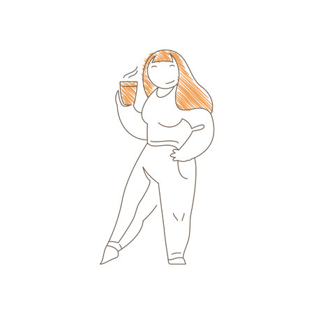 Girl standing with hand on hip while drinking coffee. Confident pose and content expression convey casual urban style, relaxed break and simple coffee enjoyment moment. Line art vector illustrationのイラスト素材
