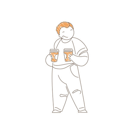 Man holding two takeaway coffee cups while standing. Calm satisfied expression conveys urban coffee run, dual order pickup and casual beverage moment. Line art vector illustrationのイラスト素材