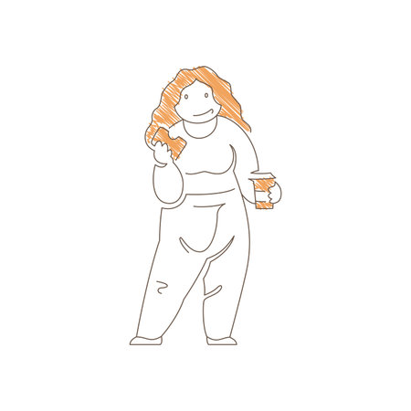 Woman walking with a sandwich and takeaway coffee cup. Dynamic stride and happy expression convey casual meal on the go, urban snack time and coffee enjoyment moment. Line art vector illustrationのイラスト素材