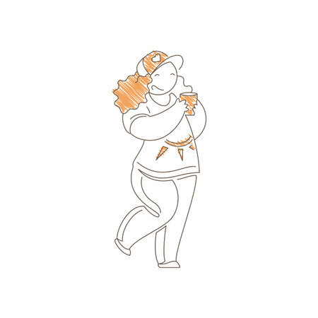 Girl in a cap drinking coffee with one leg raised. Happy content expression and casual hoodie convey...