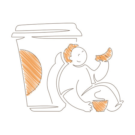 Man sitting with oversized coffee cup and croissant. Content relaxed expression and cross legged pose convey casual comfort, cozy snack time and simple coffee pleasure. Line art vector illustrationのイラスト素材