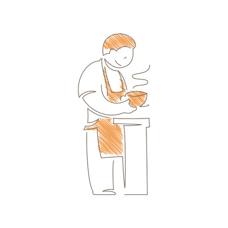 Barista holding a steaming coffee cup in an apron. Calm focused expression and slight lean convey professional skill, cafe craftsmanship and warm beverage moment. Line art vector illustrationのイラスト素材