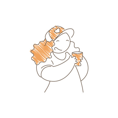 Girl in a cap with heart decoration drinking steaming coffee. Relaxed forward lean and gentle smile...