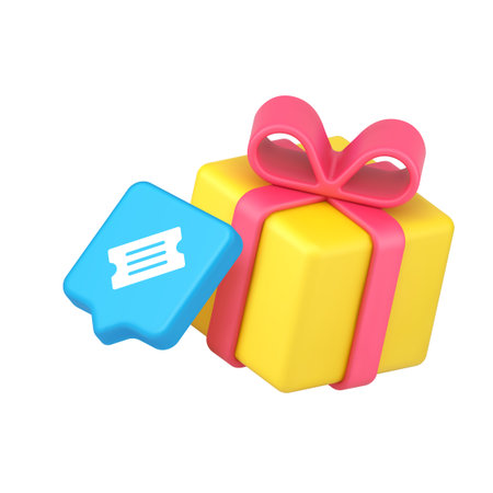 Yellow gift box with pink ribbon, speech bubble coupon, and blue discount card symbolizing offers, deals, vouchers, rewards, promotions. 3d icon realistic vector illustrationのイラスト素材