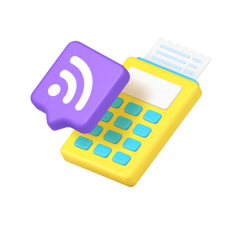 Wireless payment terminal with printed receipt and wifi signal icon. Perfect for finance, transaction, internet, billing, online shopping, communication, smart pay. 3d icon vector illustrationのイラスト素材