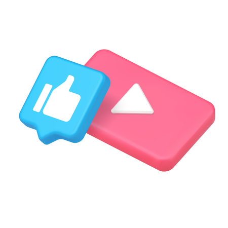 Video player with play symbol and thumbs up like icon for media, content, interaction, feedback, interface, UI, video app, social design. 3d icon realistic vector illustration.のイラスト素材