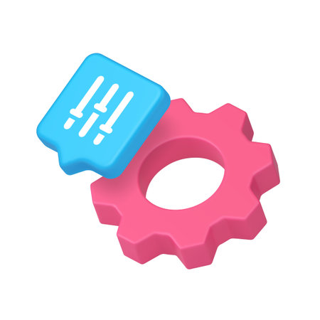 Gear symbol with settings bubble for configuration, control, customization, technology, interface, mechanics, management, app UI, maintenance, engineering. 3d icon realistic vector illustrationのイラスト素材