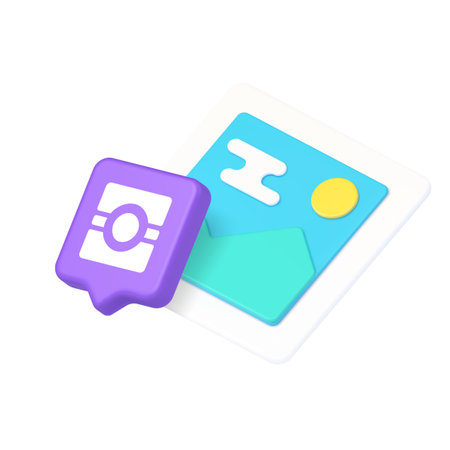 Photo icon with camera bubble representing photo sharing, social media, upload, photography, image, communication, connection, digital content, interaction. 3d icon realistic vector illustrationのイラスト素材