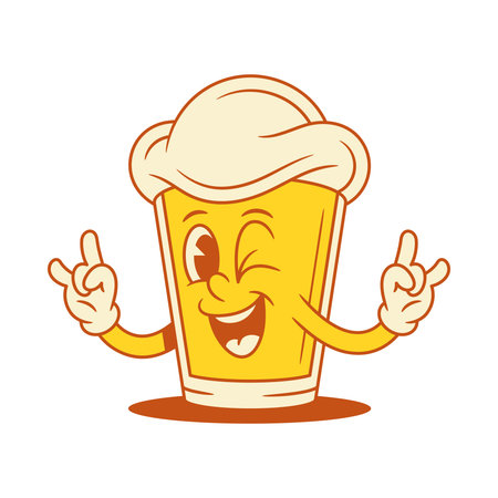 Cool comic beer glass cartoon character rock gesture vector flat illustration. Funky adorable malt foamy alcohol beverage mascot smiling having fun with positive emotionのイラスト素材