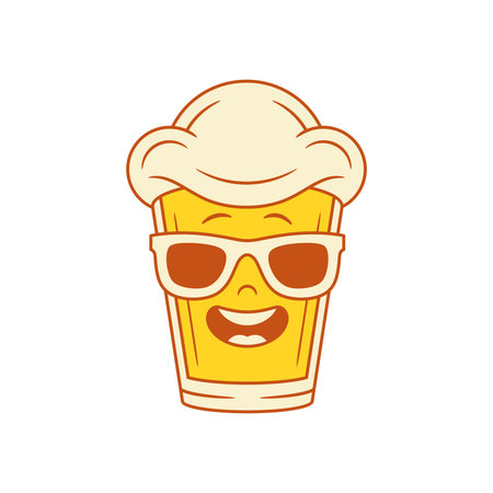 Cool comic beer glass cartoon character in sunglasses vector flat illustration. Funky stylish malt foamy alcohol beverage mascot wearing summer eyeglasses laughing having funのイラスト素材