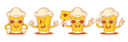 Funky summer beer glass cartoon character set vector flat illustration. Cute comic malt foamy alcohol beverage mascot in sunglasses and heart signboard greeting smiling having funのイラスト素材