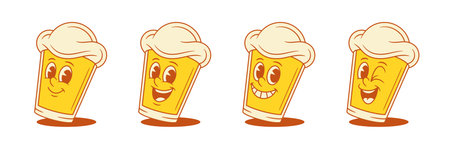 Cute positive emoji beer glass cartoon character set vector flat illustration. Adorable comic malt foamy alcohol beverage mascot teeth smiling happy winked having fun with positive emotionのイラスト素材