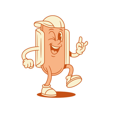 Funny hipster hot dog cartoon character rock gesture contoured vector flat illustration. Cheerful smiling fast food with sausage and bread mascot wearing teenager cap cool gesturingのイラスト素材