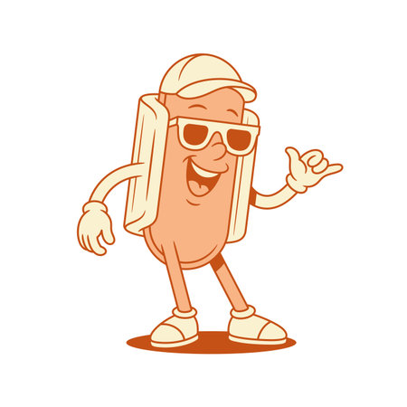 Happy cool hot dog cartoon character in cap surf gesture contoured vector flat illustration. Cheerful hipster teenager fast food with sausage and bread mascot wearing summer sunglasses having funのイラスト素材