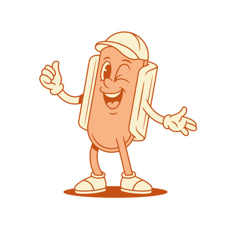 Cute positive hot dog cartoon character thumb up contoured vector flat illustration. Smiling winked fast food with sausage and bread mascot teenager cap showing good cool recommend gestureのイラスト素材