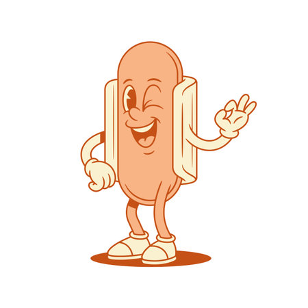 Happy winked hot dog cartoon character ok okay contoured vector flat illustration. Smiling cheerful fast food with sausage and bread mascot showing good alright recommend gesture tasty menuのイラスト素材