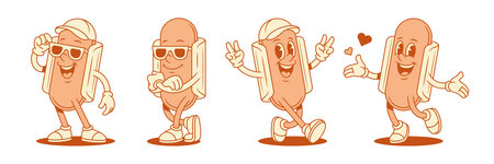 Cute cool hot dog cartoon character set contoured vector flat illustration. Cheerful funny fast food with sausage and bread mascot blowing heart love like peace gesture wearing sunglasses and capのイラスト素材