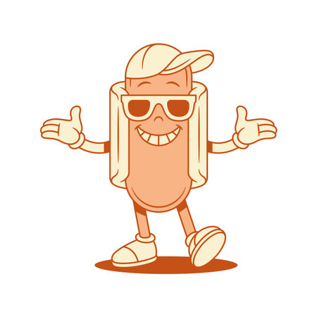 Cool hot dog cartoon character welcome gesture contoured vector flat illustration. Funny comic fast food with sausage and bread mascot wearing sunglasses and cap smiling greeting positive emotionのイラスト素材