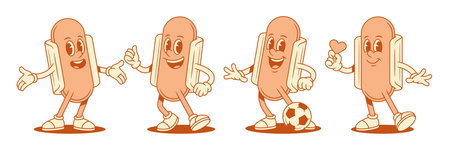 Cute comic hot dog cartoon character funny set contoured vector flat illustration. Smiling adorable fast food with sausage bread mascot welcome thumb up gesture with heart love like football soccerのイラスト素材