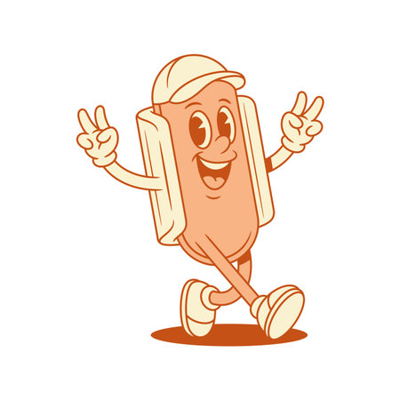 Happy hot dog cartoon character peace gesture contoured vector flat illustration. Smiling cheerful fast food with sausage and bread mascot wearing teenager cap showing good hi helloのイラスト素材