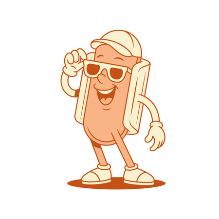 Funky summer hot dog cartoon character smiling contoured vector flat illustration. Cheerful funny fast food with sausage and bread mascot wearing cap sunglasses happy with positive emotionのイラスト素材