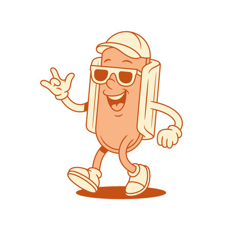 Cool funky hot dog cartoon character rock gesture contoured vector flat illustration. Happy cheerful fast food with sausage and bread mascot wearing cap and summer sunglasses hipster teenager partyのイラスト素材