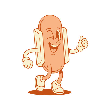 Funky hot dog cartoon character winked walking contoured vector flat illustration. Cheerful comic fast food with sausage and bread mascot having fun smiling with positive emotionのイラスト素材