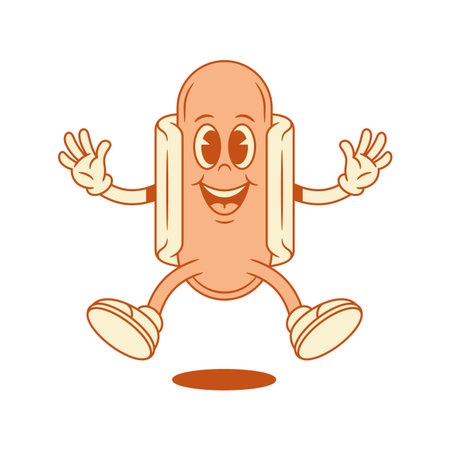 Funny cheerful hot dog cartoon character jumping contoured vector flat illustration. Happy comic fast food with sausage and bread mascot overjoyed welcome greeting having fun positive emotionのイラスト素材