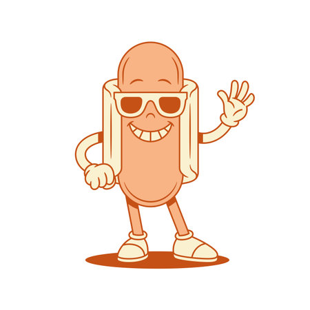 Comic cool hot dog cartoon character in sunglasses hi contoured vector flat illustration. Smiling happy fast food with sausage and bread mascot summer eyeglasses waving hand greeting helloのイラスト素材