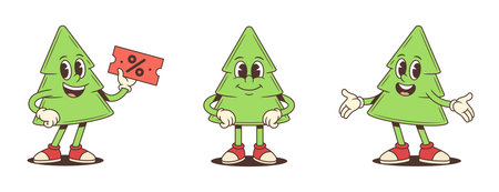 Cartoon character mascot vector illustration of a cheerful Christmas tree in three poses holding a red sale sign greeting with a smile and walking in big red boots festive holiday promotion conceptのイラスト素材