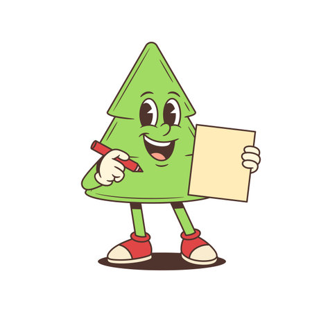 Cheerful cartoon Christmas tree character mascot holding a red marker and blank paper sheet. Vector illustration for holiday greeting cards, kids books and decorations design in green red beige colorsのイラスト素材