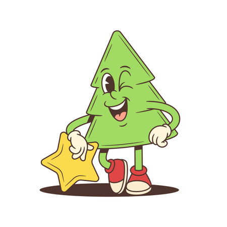 A cartoon Christmas tree character mascot vector illustration. The friendly tree is winking and leaning on a golden star. perfect for holiday themes, modern cartoon style with vibrant colorsのイラスト素材