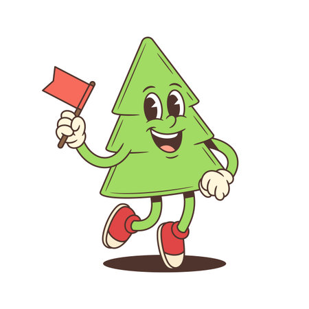 Friendly cartoon Christmas tree character mascot vector illustration waving a red flag. The happy mascot holding the flag with one hand. Perfect for holiday events and celebrationsのイラスト素材
