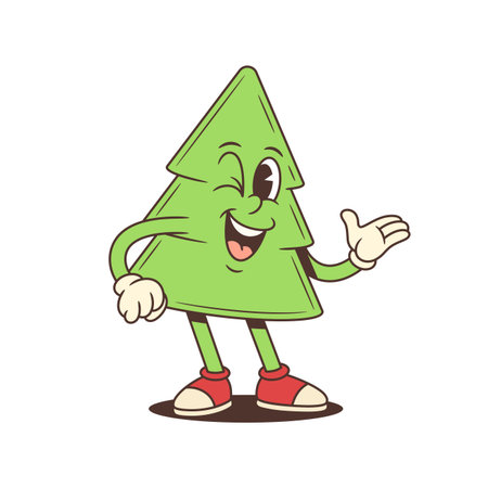 Playful cartoon Christmas tree character mascot vector illustration winking and making an inviting gesture. The cheerful mascot standing with one hand extended. Perfect for holiday invitationsのイラスト素材